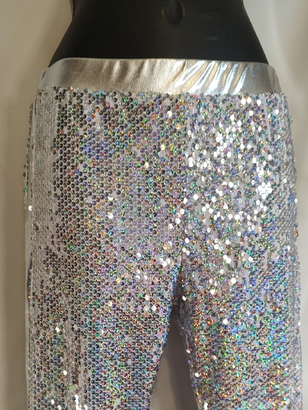 Silver Sequin Leggings - Sparkle High-Waist Stretch Pants - Picture 2 of 10